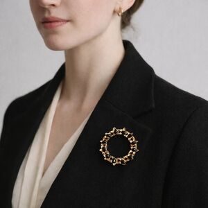 Vintage Gold and Black Floral Brooch